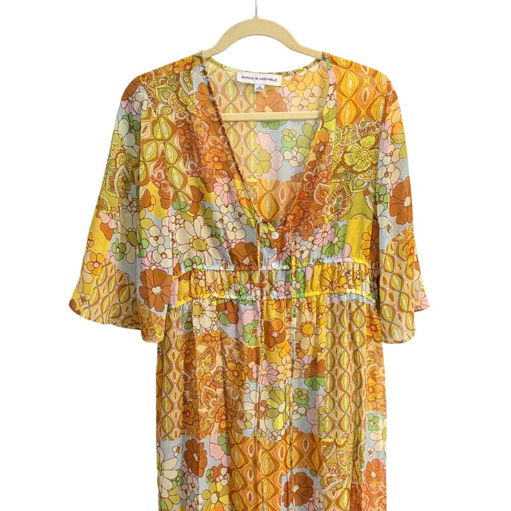 70s Patchwork Floral Maxi Sheer Dress V Neck Bell Sleeves Large Boho Chic New
